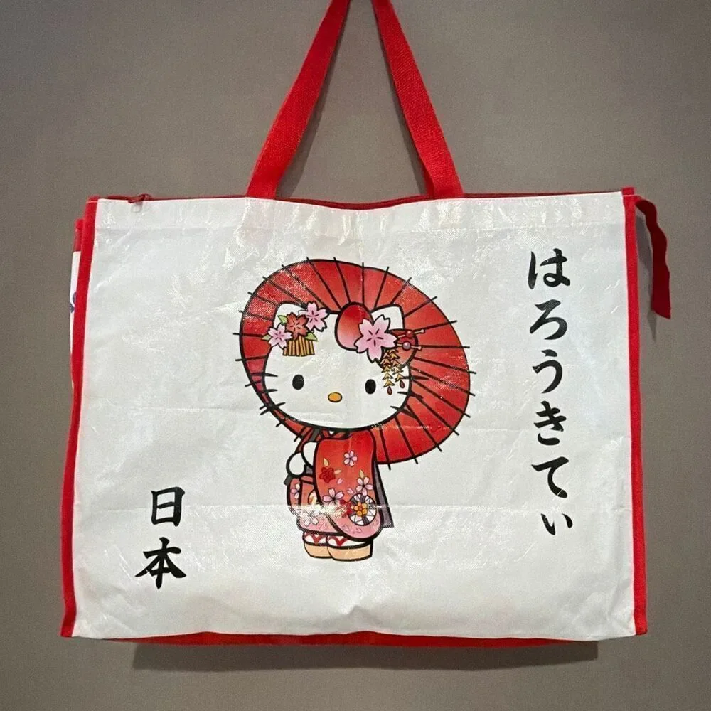 Hello Kitty Japan Sanrio Reusable Shopping Tote 1976 2016 Red Handles Zipper
